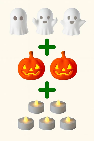 Halloween Seti (Hayalet + Kabak + LED Mum 10 Parça) Cadılar Bayramı Konsepti ürün görseli 1