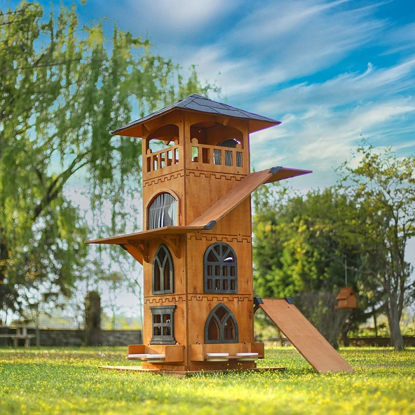 MANDU Ahşap 4 Katlı Teraslı Kedi Evi Tırmalama Mama Kaplı ürün görseli 1