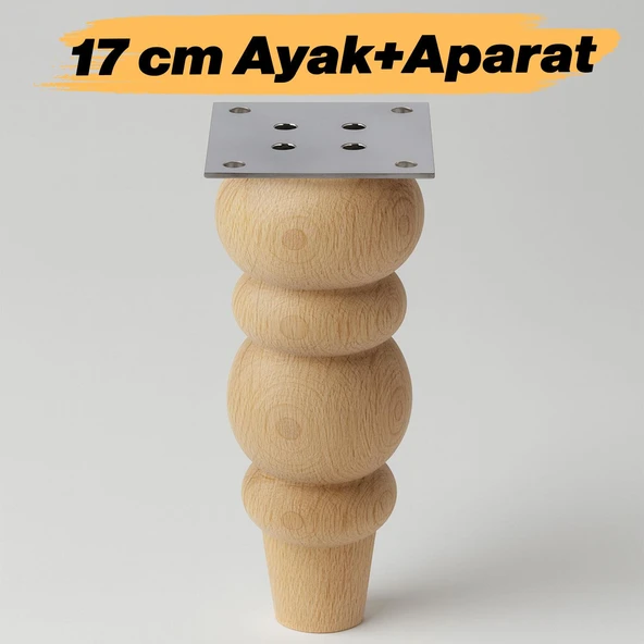 Boyasız Ham Doğal Ahşap Ayak Silindir Mobilya Koltuk Kanepe Ayağı Metal Aparat Dahil Bohem 17 cm ürün görseli 1