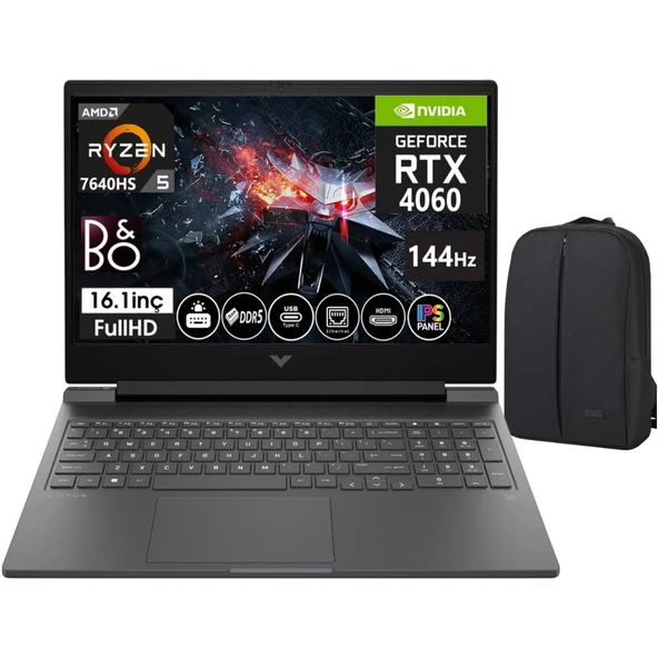 Victus Laptop 16 - Amd Ryzen 5 - 7640HS RTX4060 (8gb) 40GB Ddr5 512GB SSD 16.1 Inç 144Hz IPS Fhd WINDOWS11 Pro Taşınabilir Bilgisayar +Cimete Çanta ürün görseli 1