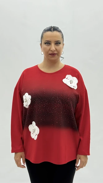 Büyük Beden Viskon Taşlı İnci Detaylı Uzun Kol Oversize Kadın Bluz ürün görseli 1