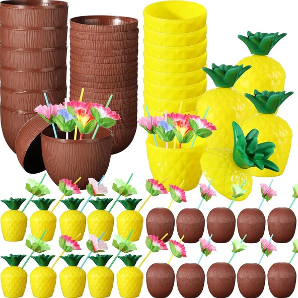 Tropikal Parti Bardak Seti – Ananas ve Hindistan Cevizi Şekilli Pipetli Bardaklar (20 Adet) ürün görseli 1