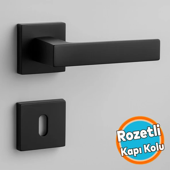 Oda Kapı Kolu Siyah Kare Rozetli Sağa Sola Uygun İç Dış Ev Oda Kapısı Kilitlenebilir 1 Takım ürün görseli 1