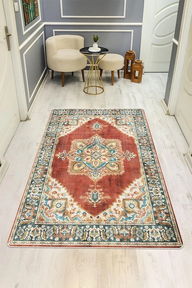 Parlak Kadife Kumaş VINTAGE Dijital Baskı Dot Kaymaz Tabanlı Halı H0827 RENKLİ 100 X 200 ürün görseli 1
