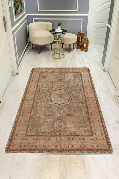 Parlak Kadife Kumaş Klasik Dijital Baskı Dot Kaymaz Tabanlı Halı H1068 RENKLİ 180 X 280 ürün görseli 1