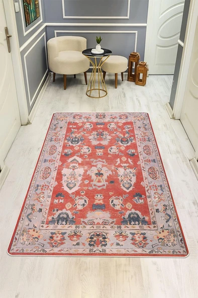 Parlak Kadife Kumaş VINTAGE Dijital Baskı Dot Kaymaz Tabanlı Halı H0829 RENKLİ 140 X 200 ürün görseli 1
