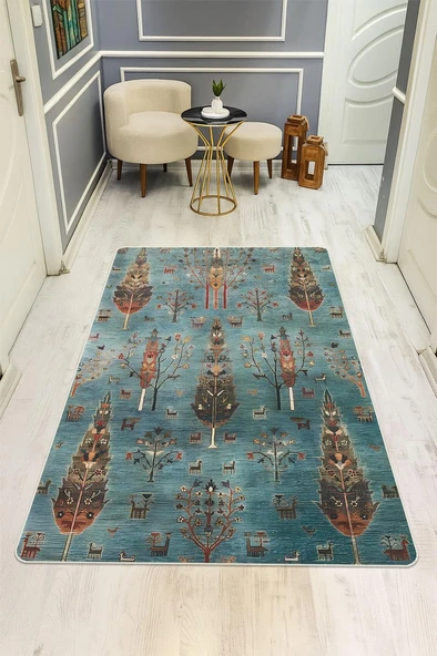Parlak Parlak Kadife Kumaş Dijital Baskı Etnik Desenli Dot Kaymaz Tabanlı Halı Kumaş Dijital Baskı Dot Kaymaz Tabanlı Mutfak Halısı H0817 RENKLİ 140 X 200 ürün görseli 1