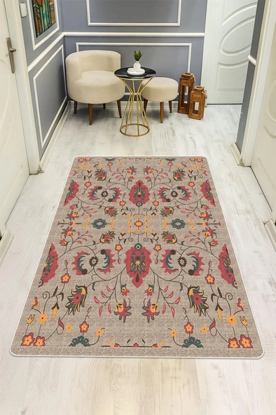 Parlak Kadife Kumaş VINTAGE Dijital Baskı Dot Kaymaz Tabanlı Halı H0822 RENKLİ 120 X 180 ürün görseli 1