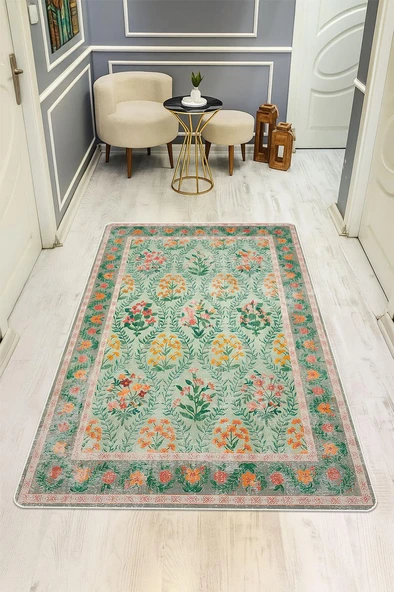 Parlak Kadife Kumaş Dijital Baskı Vintage Desenli Dot Kaymaz Tabanlı Halı H0818 RENKLİ 180 X 280 ürün görseli 1