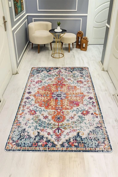 Parlak Kadife Kumaş Dijital Baskı Vintage Desenli Dot Kaymaz Tabanlı Halı H0099 RENKLİ 100 X 300 ürün görseli 1