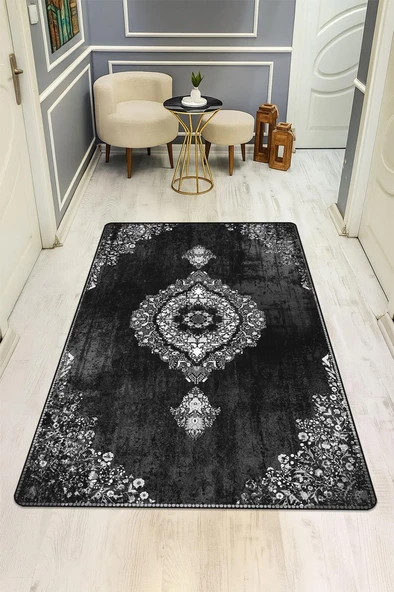 Parlak Kadife Kumaş Dijital Baskı Vintage Desenli Dot Kaymaz Tabanlı Halı H0104 RENKLİ 120 X 180 ürün görseli 1