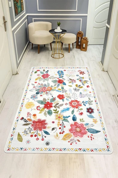 Parlak Kadife Kumaş Dijital Baskı Vintage Desenli Dot Kaymaz Tabanlı Halı H0816 RENKLİ 100 X 300 ürün görseli 1