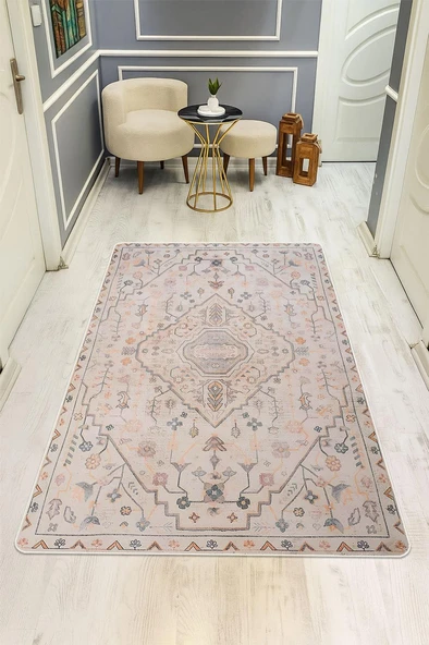 Parlak Kadife Kumaş VINTAGE Dijital Baskı Dot Kaymaz Tabanlı Halı H0826 RENKLİ 140 X 200 ürün görseli 1