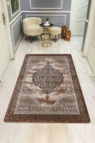 Parlak Kadife Kumaş Dijital Baskı Klasik Desenli Dot Kaymaz Tabanlı Halı H0086 RENKLİ 80 X 200 ürün görseli 1