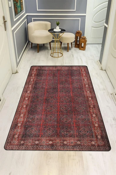 Parlak Kadife Kumaş VINTAGE Dijital Baskı Dot Kaymaz Tabanlı Halı H0831 RENKLİ 140 X 200 ürün görseli 1
