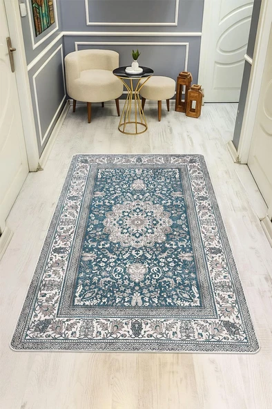 Parlak Kadife Kumaş Dijital Baskı Klasik Desenli Dot Kaymaz Tabanlı Halı H0823 RENKLİ 80 X 150 ürün görseli 1