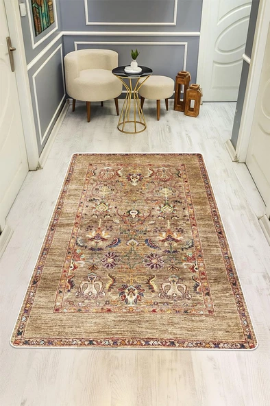 Parlak Kadife Kumaş Dijital Baskı Vintage Desenli Dot Kaymaz Tabanlı Halı H0101 RENKLİ 180 X 280 ürün görseli 1