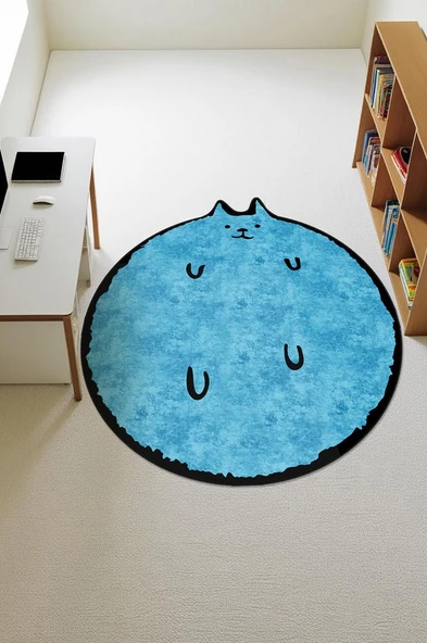 Kedi Desenli Yuvarlak Dijital Baskı Kaymaz Tabanlı Halı H0395 Renkli 100 X 100 ürün görseli 1