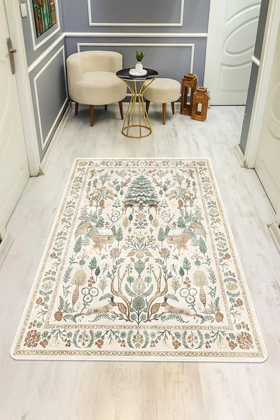 Parlak Kadife Kumaş Dijital Baskı Vintage Desenli Dot Kaymaz Tabanlı Halı H1132 RENKLİ 100 X 200 ürün görseli 1