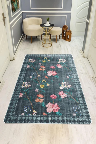 Parlak Kadife Kumaş Dijital Baskı Vintage Desenli Dot Kaymaz Tabanlı Halı H0019 RENKLİ 80 X 200 ürün görseli 1