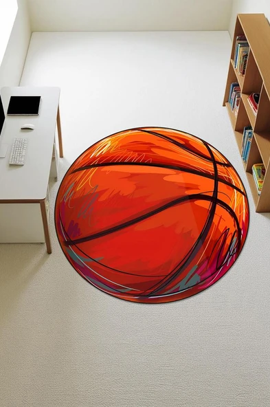 Basket Topu Desenli Yuvarlak Dijital Baskı Kaymaz Tabanlı Çocuk ve Genç Odası Halısı H0385 Renkli 120 X 120 ürün görseli 1