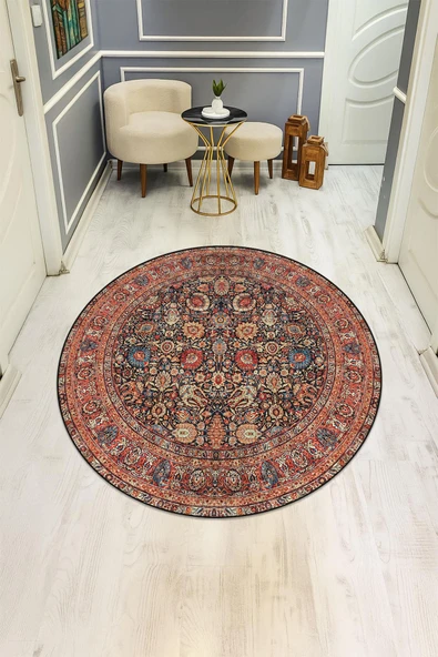 Vintage Desenli Yuvarlak Dijital Baskı Kaymaz Tabanlı Halı H0365 Renkli 160 X 160 ürün görseli 1