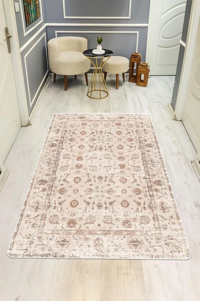 Parlak Kadife Kumaş Dijital Baskı Vintage Desenli Dot Kaymaz Tabanlı Halı H0282 RENKLİ 80 X 200 ürün görseli 1