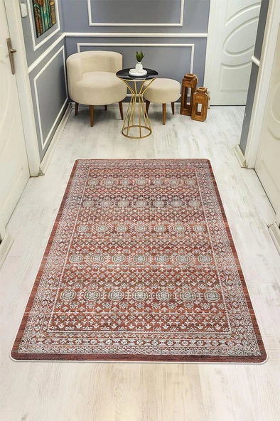 Parlak Kadife Kumaş VINTAGE Dijital Baskı Dot Kaymaz Tabanlı Halı H1067 RENKLİ 80 X 200 ürün görseli 1