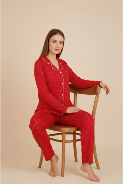 Bravie Luxury Viscose Kırmızı Puantiye Desenli Kadın Uzun Kollu Büyük Beden Pijama Takımı – 42517 ürün görseli 1