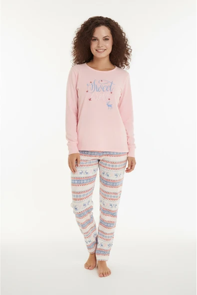 Bravie Luxury Thermal Sweet Winter Geyik Desenli Kadın Polar Kışlık Pijama Takımı – 42054 ürün görseli 1