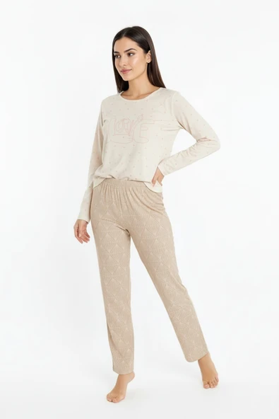 Bravie Üstü Love Yazılı Altı Desenli Elite Viscose Uzun Pijama Takımı Krem 3562 ürün görseli 1
