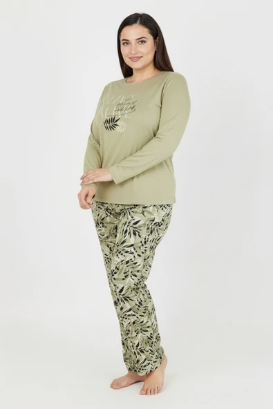 Bravie Üstü Yazılı Altı Yaprak Desenli Elite Viscose Uzun Büyük Beden Pijama Takımı Yeşil 3591 ürün görseli 1