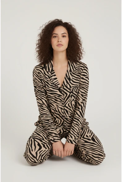 Bravie Luxury Viscose Zebra Desenli Kadın Uzun Kollu Pijama Takımı – 42570 ürün görseli 1