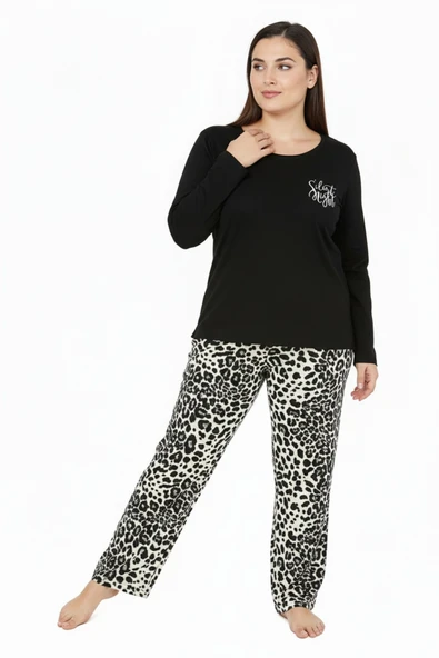 Bravie Üstü Yazılı Altı Leopar Desenli Elite Viscose Uzun Büyük Beden Pijama Takımı Siyah 3588 ürün görseli 1
