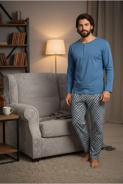 Bravie Yakası Düğmeli %100 Pamuk Erkek Penye Pijama Takımı 9703 Mavi ürün görseli 1