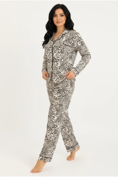 Bravie Luxury Viscose Siyah Beyaz Dalmaçya Desenli Kadın Uzun Kollu Büyük Beden Pijama Takımı – 42533 ürün görseli 1