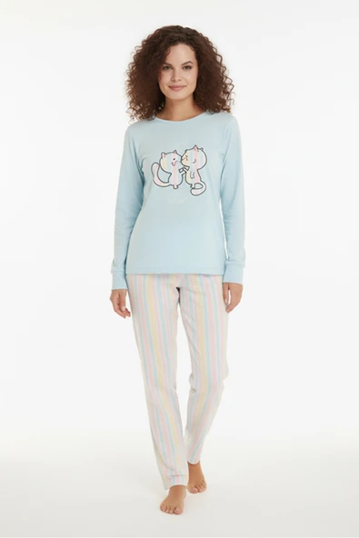 Bravie Luxury Thermal Gökkuşağı Kedi Desenli Kadın Polar Kışlık Pijama Takımı – 42052 ürün görseli 1