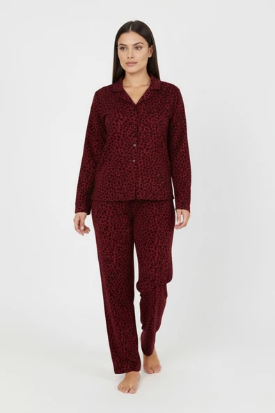 Bravie Luxury Soft Bordo Leopar Desenli Uzun Kollu Kadın Pijama Takımı – Büyük Beden 3002 ürün görseli 1