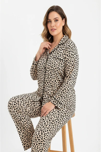 Bravie Luxury Viscose Leopar Desenli Kadın Uzun Kollu Büyük Beden Pijama Takımı – 42526 ürün görseli 1