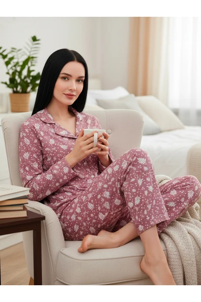 Bravie Süet Gömlek Pijama Takımı 7008 Doğa Desen Pudra ürün görseli 1