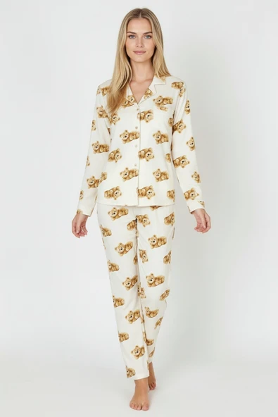 Bravie Luxury Soft Ekru Ayıcık Desenli Uzun Kollu Kadın Pijama Takımı – 3041 ürün görseli 1
