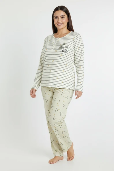 Bravie Üstü Yatay Çizgili Altı Desenli Elite Viscose Uzun Büyük Beden Pijama Takımı Beyaz 3590 ürün görseli 1