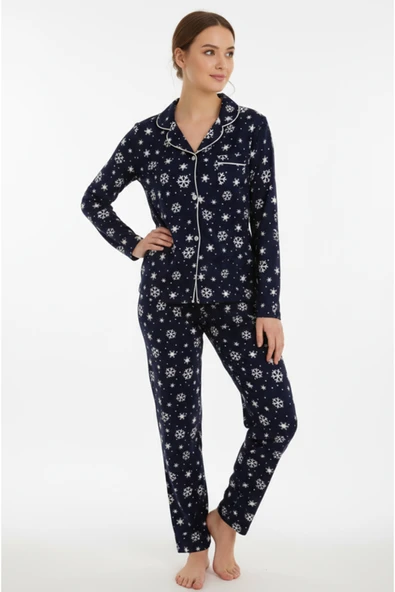 Bravie Luxury Soft Lacivert Kar Tanesi Desenli Uzun Kollu Kadın Pijama Takımı – 3059 ürün görseli 1