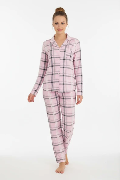 Bravie Luxury Viscose Pembe Ekose Desenli Kadın Uzun Kollu Pijama Takımı – 42550 ürün görseli 1