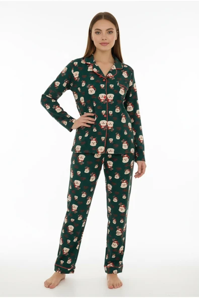 Bravie Luxury Soft Yeşil Noel Baba Desenli Uzun Kollu Kadın Pijama Takımı – 3023 ürün görseli 1
