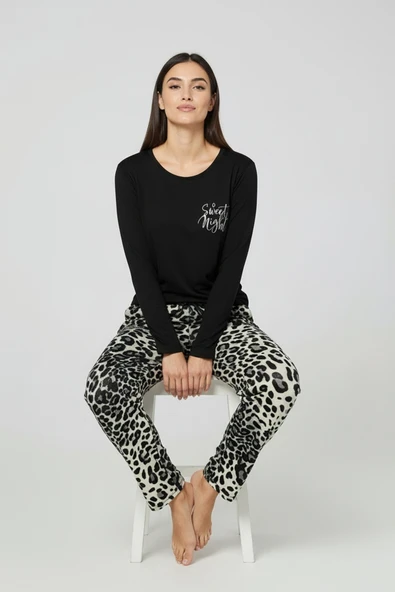 Bravie Üstü Yazılı Altı Leopar Desenli Elite Viscose Pijama Takımı Uzun Siyah 3551 ürün görseli 1