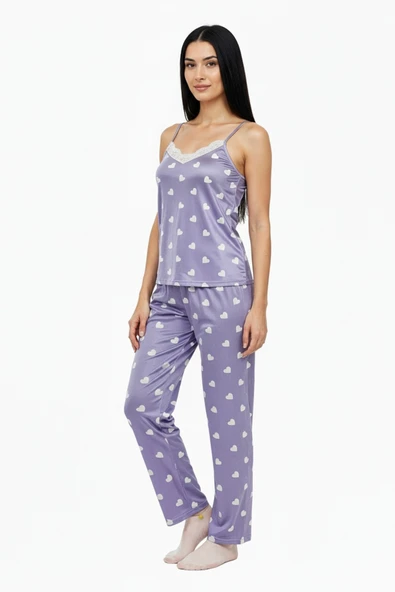 Bravie Altı Uzun İp Askılı Yumuşak Kalp Desenli Mor Pijama Takımı ürün görseli 1