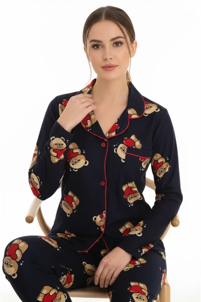 Bravie Luxury Soft Lacivert Ayıcık Desenli Uzun Kollu Kadın Pijama Takımı – 3057 ürün görseli 1