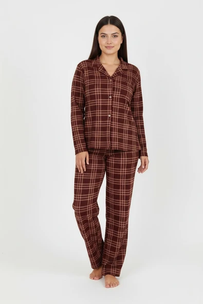 Bravie Luxury Soft Kahverengi Ekose Desenli Uzun Kollu Kadın Pijama Takımı – Büyük Beden 3009 ürün görseli 1