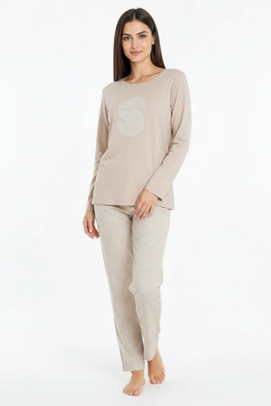 Bravie Üstü Yazılı Altı Yuvarlak Desenli Elite Viscose Uzun Pijama Takımı Krem 3560 ürün görseli 1